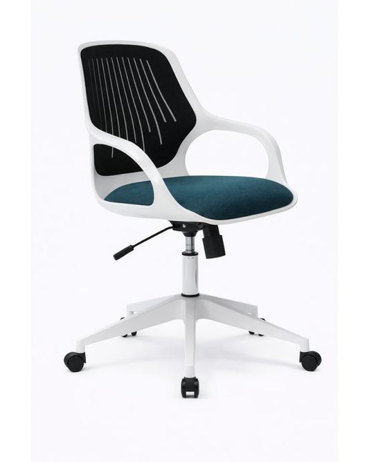 Silla operativa Columpus de Archivos Activos con casco blanco, respaldo de malla y asiento azul petróleo