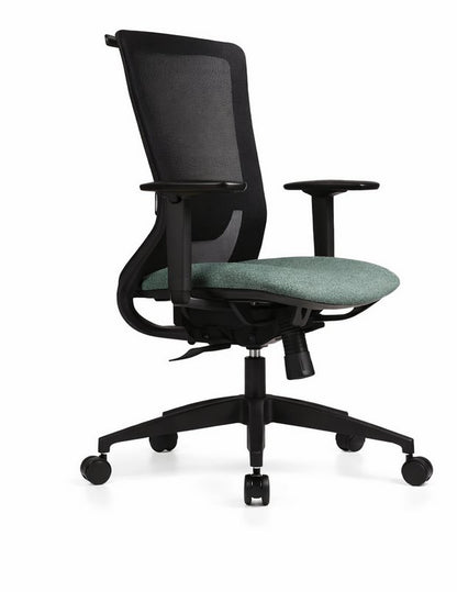 Silla operativa Corporate de Archivos Activos negra, con respaldo de malla y asiento verde grisáceo