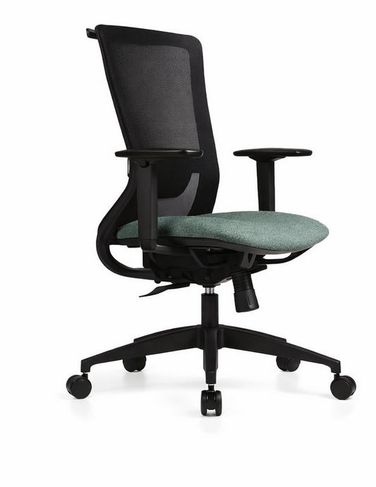 Silla operativa Corporate de Archivos Activos negra, con respaldo de malla y asiento verde grisáceo