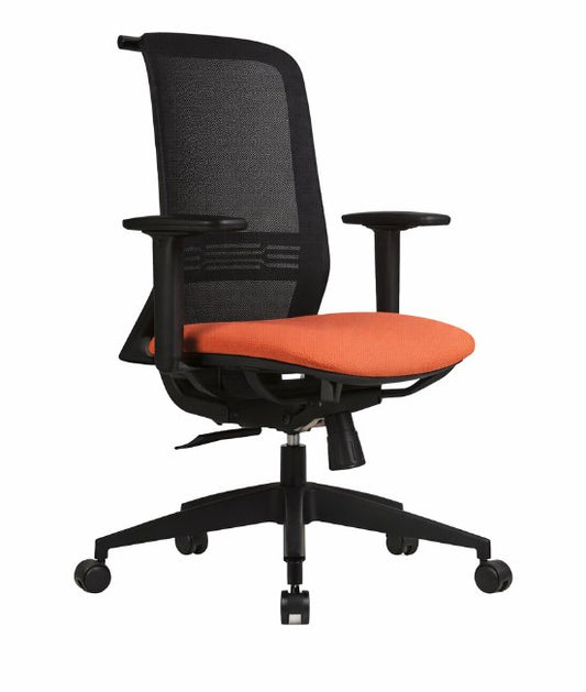 Silla operativa Well de Archivos Activos negra, con respaldo de malla y asiento naranja