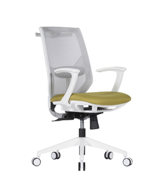 Silla operativa X5 de Archivos Activos con estructura blanca, respaldo de malla gris y asiento verde