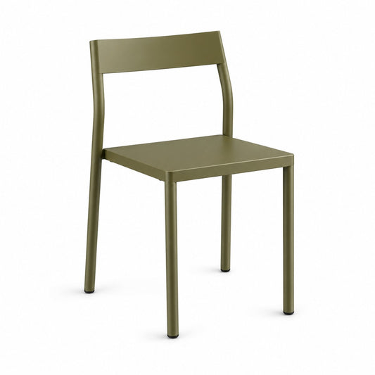 Silla Reo apilable en verde oliva, con respaldo de una sola placa lisa y asiento liso