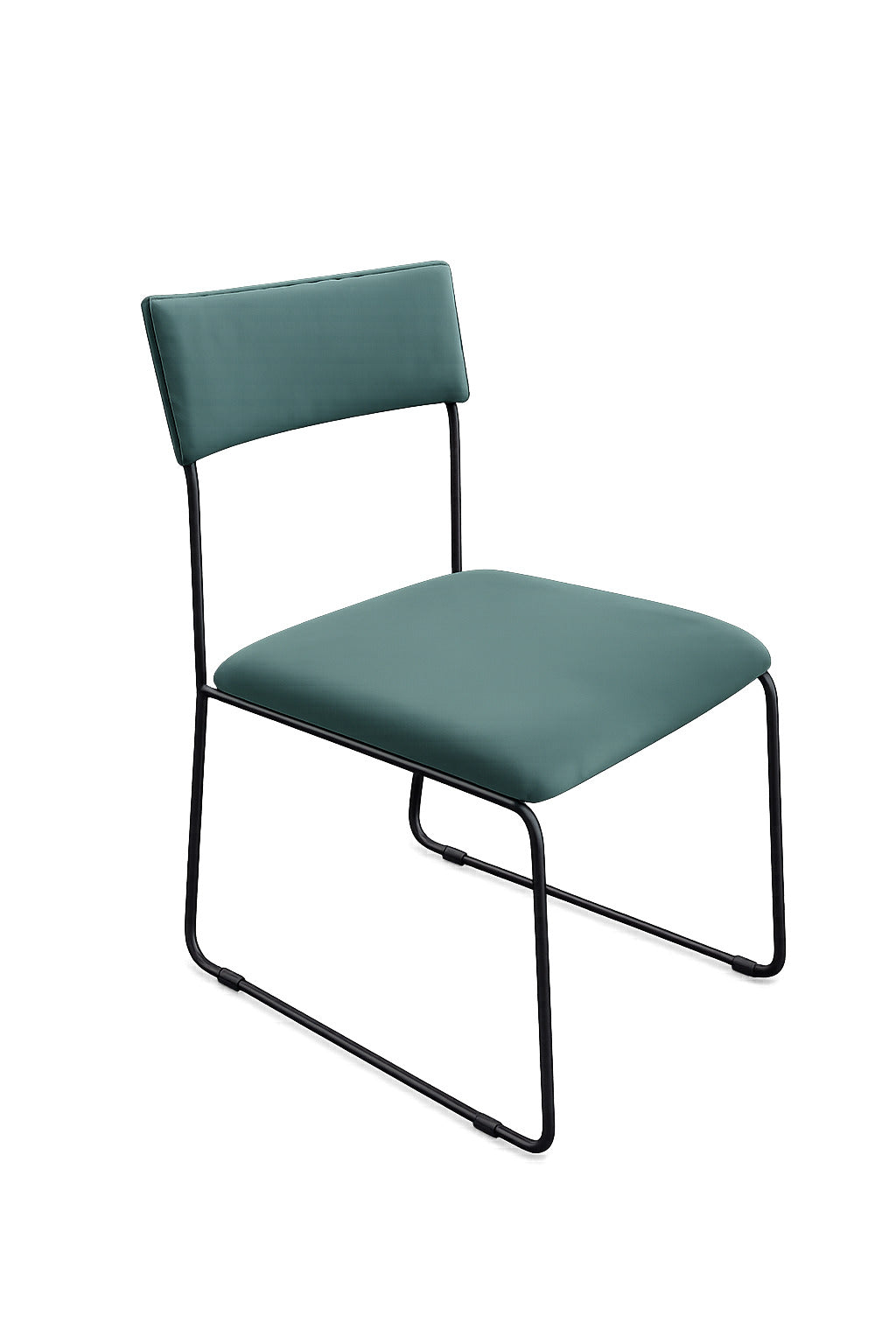 Silla Simple con asiento y respaldo en pana verde azulado y estructura de caño negro, sobre fondo blanco
