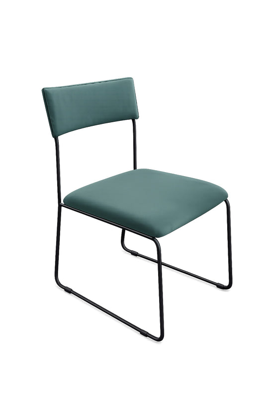 Silla Simple con asiento y respaldo en pana verde azulado y estructura de caño negro, sobre fondo blanco