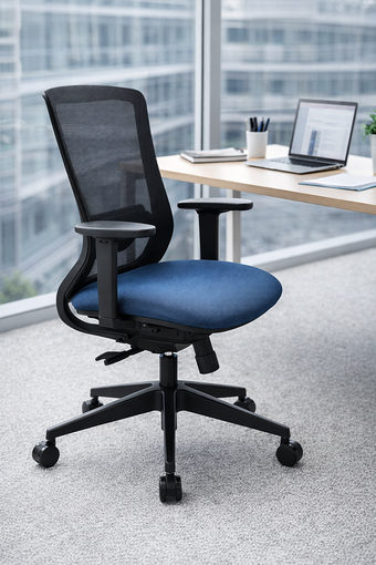 Silla operativa Corporate con respaldo de malla y asiento tapizado, estructura moderna para oficina.