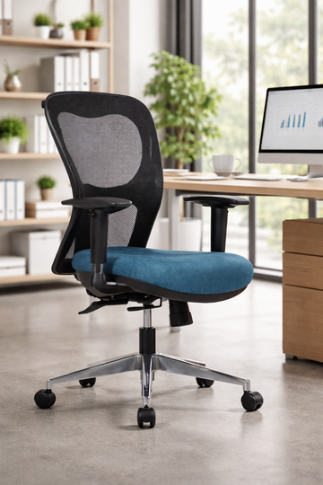 Silla operativa HANSEN con respaldo de malla gris, asiento tapizado azul y base giratoria con ruedas.