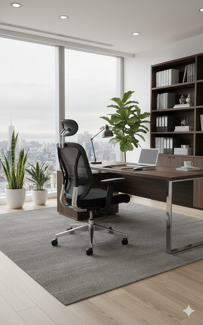Silla gerencial VERTEBRA con respaldo anatómico de malla, apoyo lumbar, apoyo cervical y base cromada.