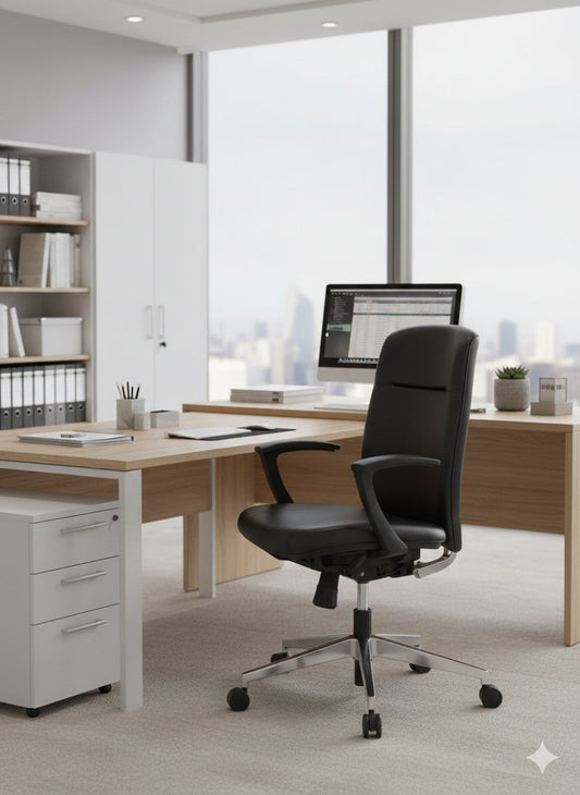 Silla gerencial X5 TAPIZ con respaldo alto en ecocuero negro y base cromada – TDB Archivos Activos
