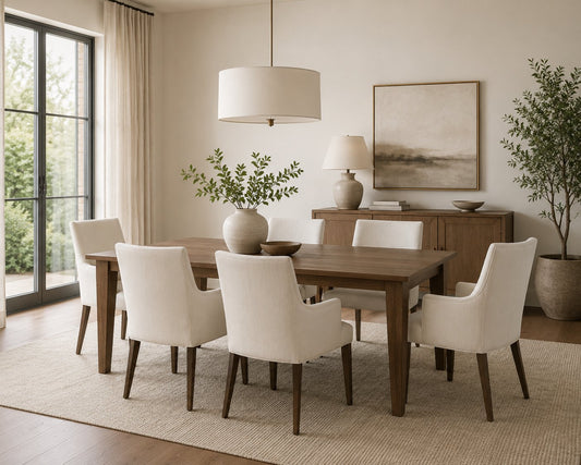 Sillas Amelia crema alrededor de una mesa de madera rectangular, en un comedor con ventanal