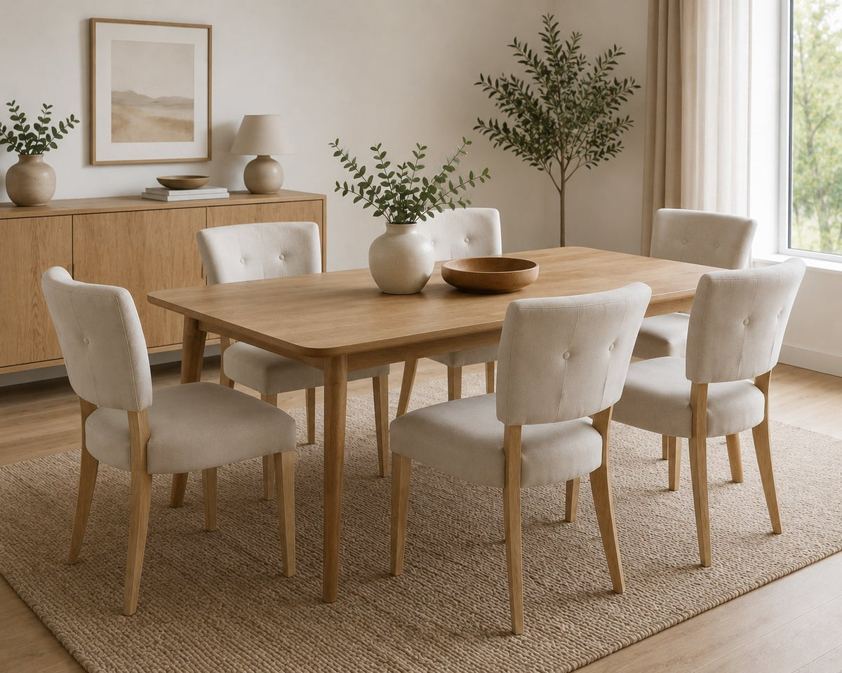 Sillas Cordelia crema alrededor de una mesa de madera, junto a un ventanal con plantas