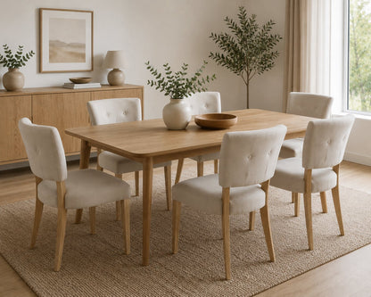 Sillas Cordelia crema alrededor de una mesa de madera, junto a un ventanal con plantas
