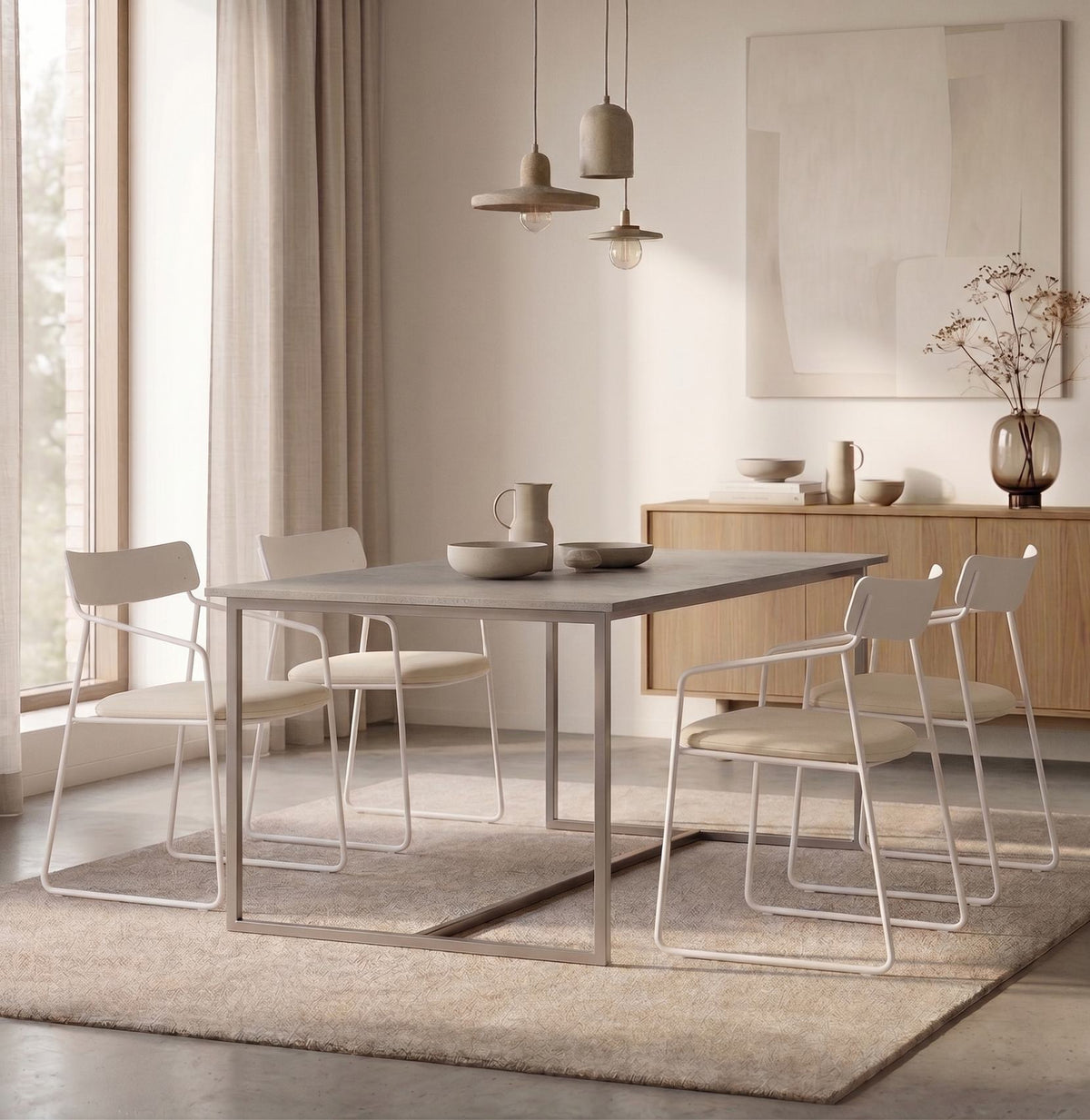 Cuatro Sillas Cubo blancas alrededor de una mesa de comedor gris, junto a un aparador de madera