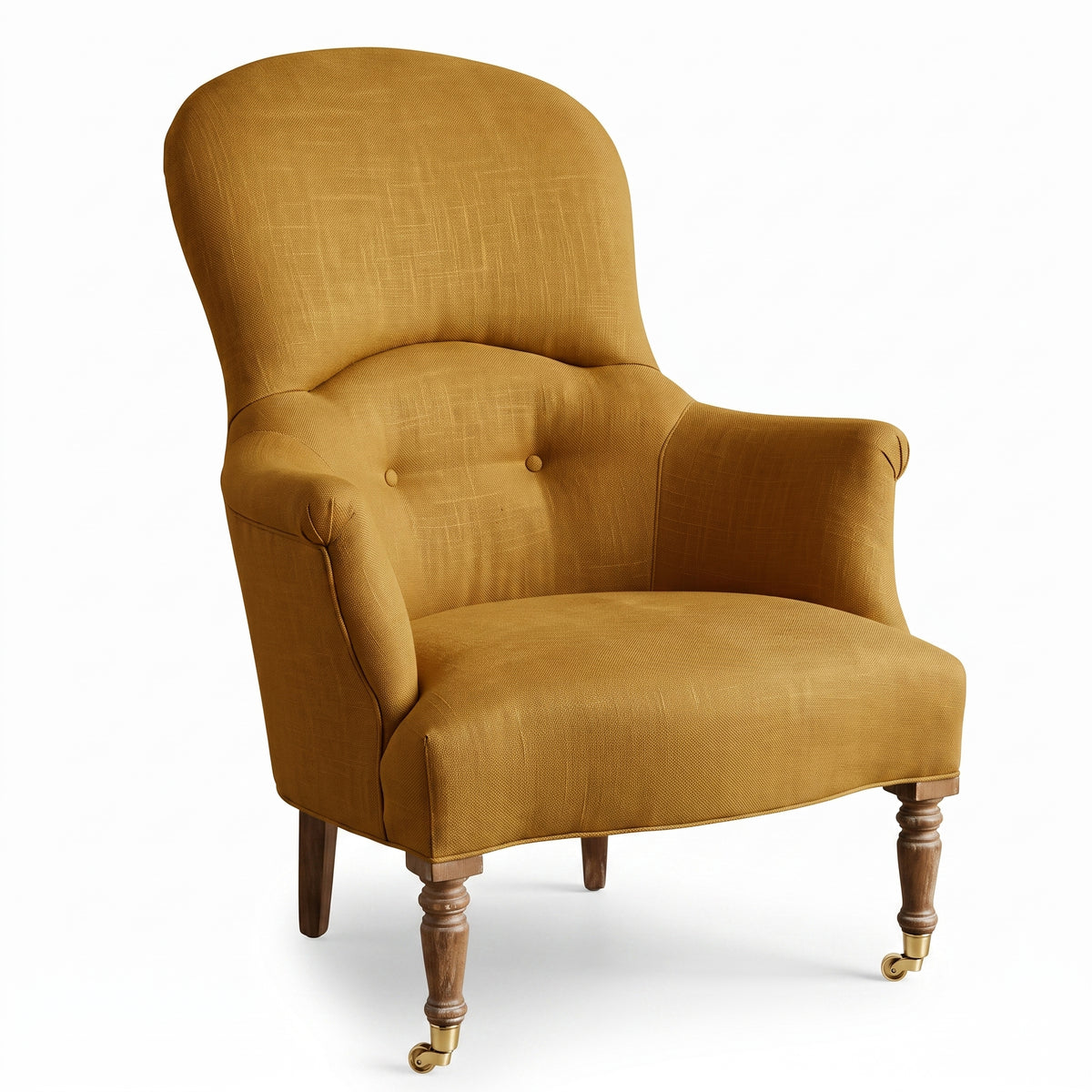 Sillón individual de diseño tradicional en tono oro, con respaldo curvo, apoyabrazos tallados y patas delanteras de madera con ruedas – Tienda de Banquitos