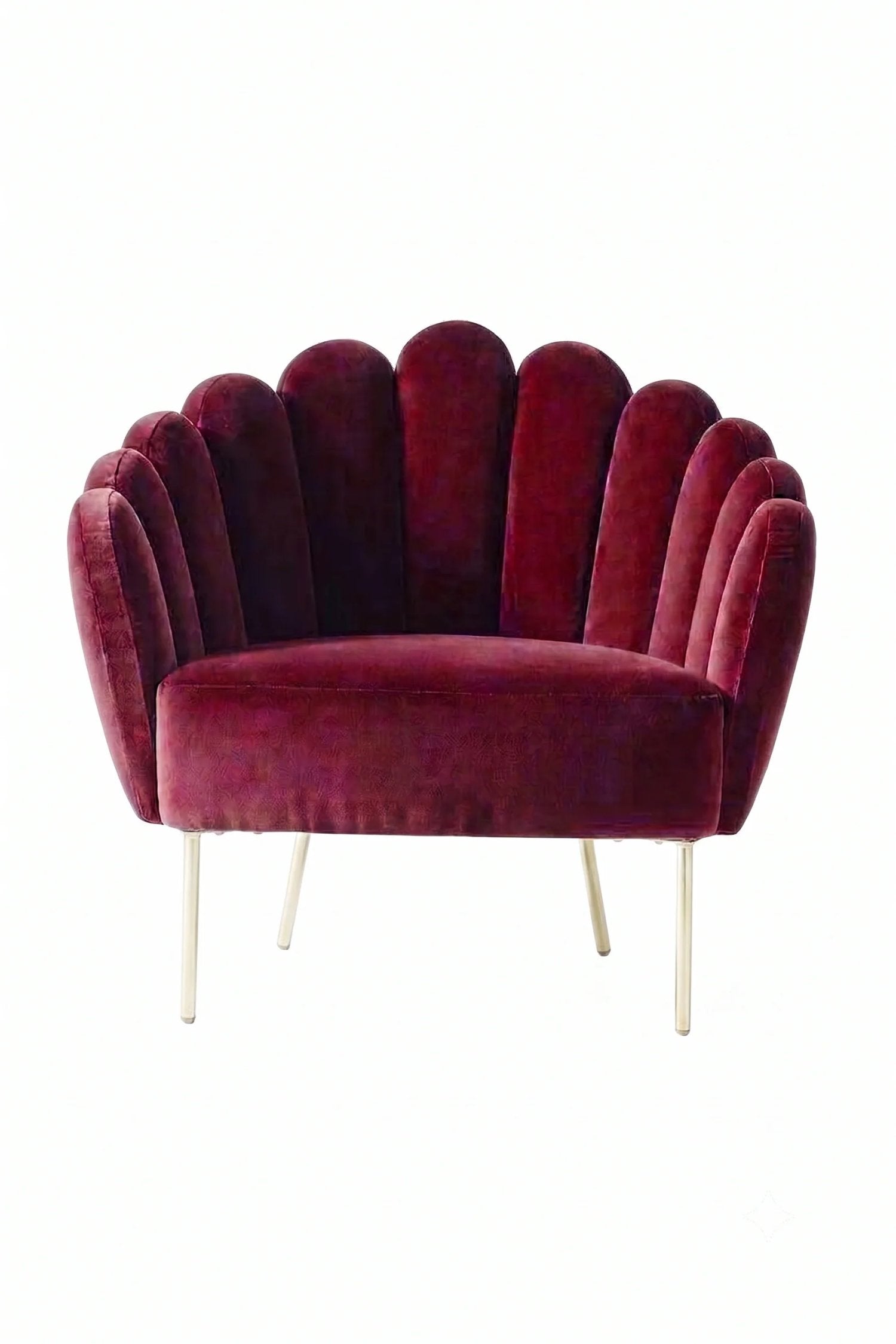 Sillón de un cuerpo modelo Angie en color bordo, diseño con respaldo acanalado tipo abanico y patas de metal doradas, fabricado a medida por Tienda de Banquitos