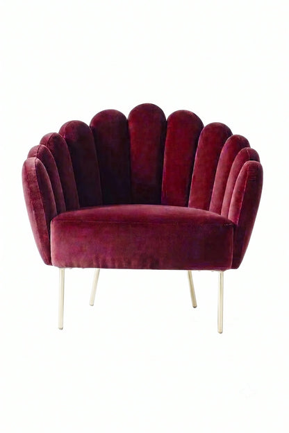 Sillón de un cuerpo modelo Angie en color bordo, diseño con respaldo acanalado tipo abanico y patas de metal doradas, fabricado a medida por Tienda de Banquitos