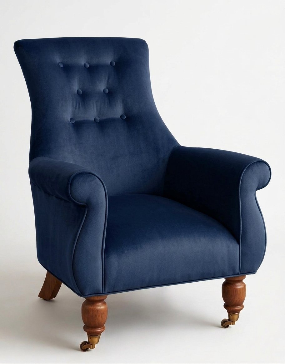 Sillón Astrid de un cuerpo en pana antimanchas Azul, respaldo alto con capitoné y patas de madera torneada