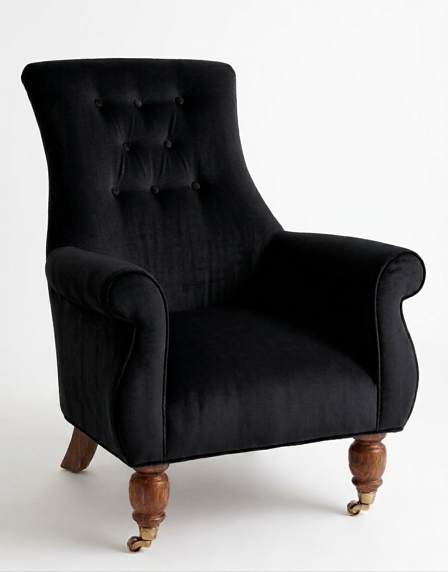 Sillón Astrid de un cuerpo en pana antimanchas Black, respaldo alto con capitoné y patas de madera torneada