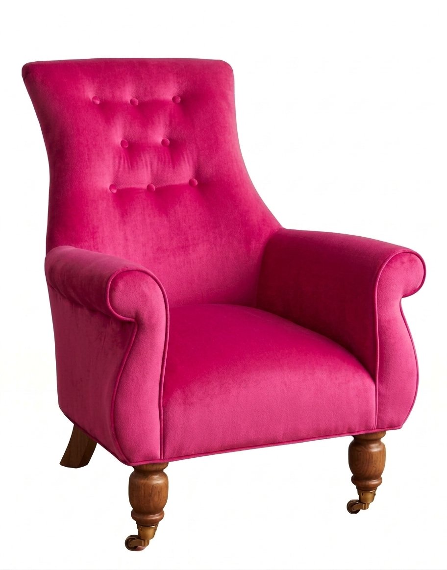 Sillón Astrid de un cuerpo en pana antimanchas Chicle, respaldo alto con capitoné y patas de madera torneada