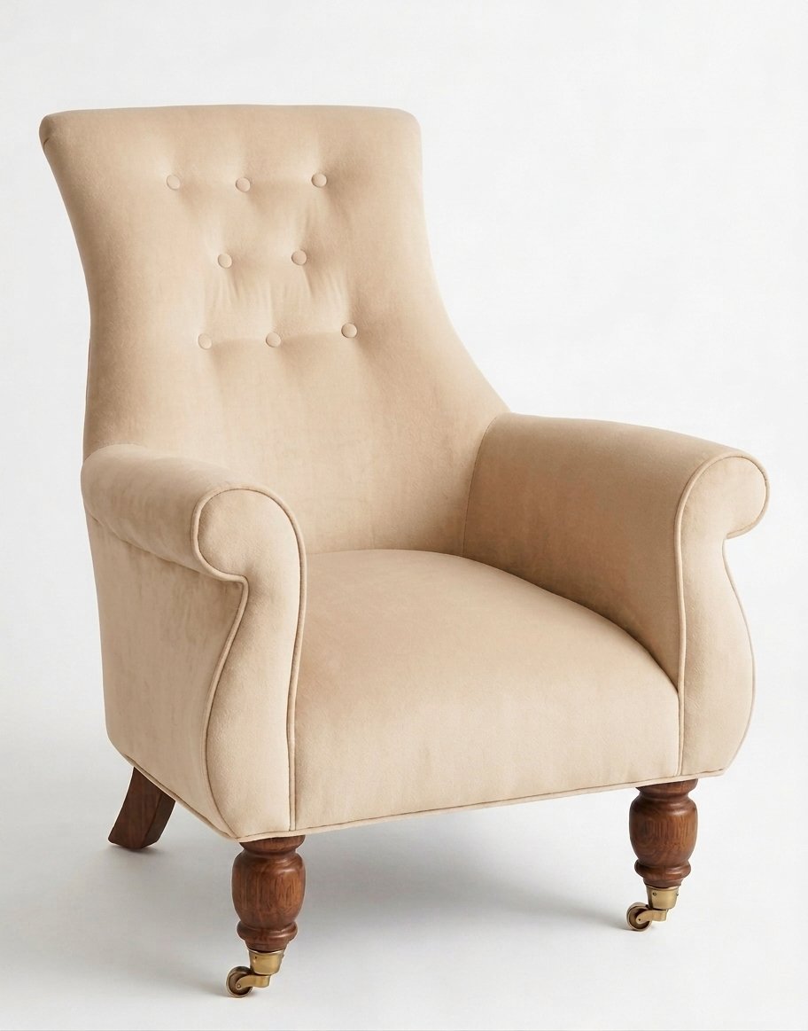 Sillón Astrid de un cuerpo en pana antimanchas Latte, respaldo alto con capitoné y patas de madera torneada
