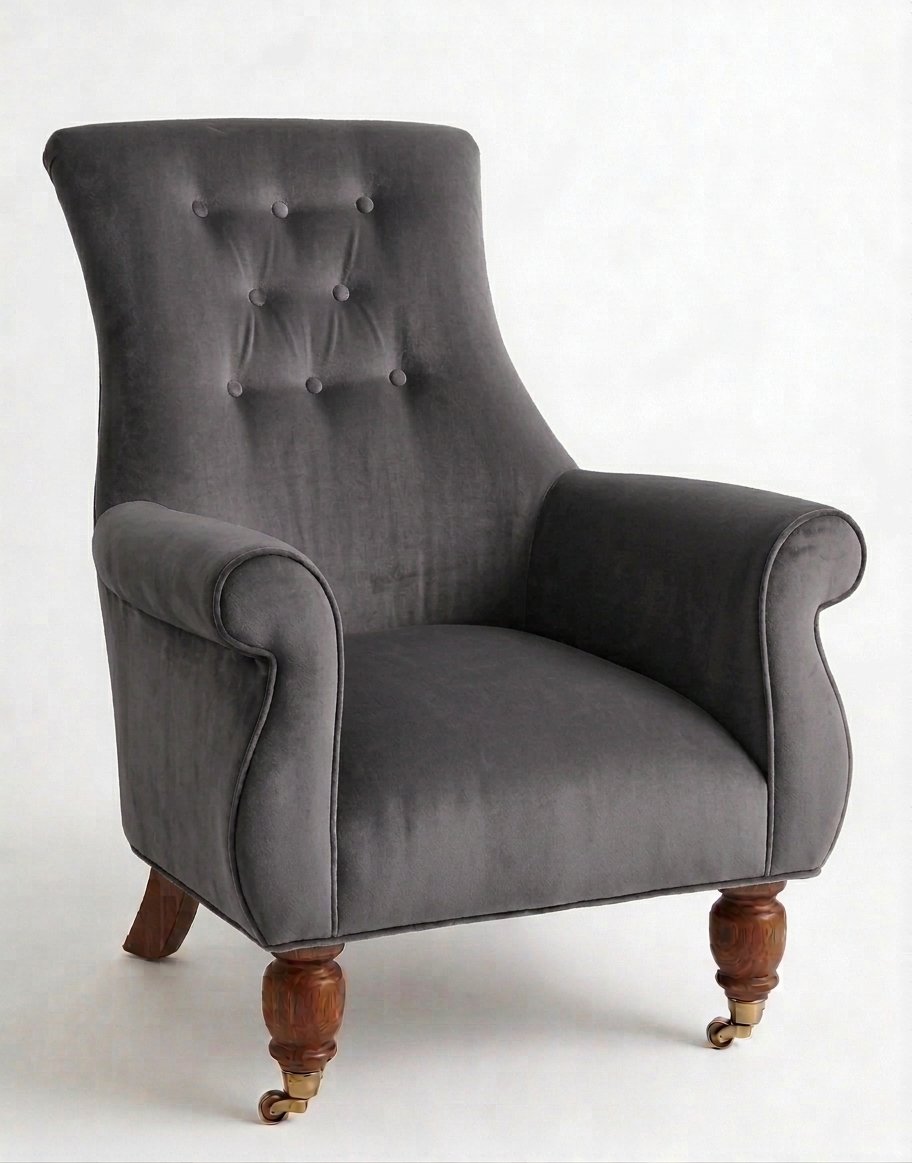 Sillón Astrid de un cuerpo en pana antimanchas Onyx, respaldo alto con capitoné y patas de madera torneada