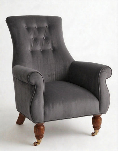 Sillón Astrid de un cuerpo en pana antimanchas Onyx, respaldo alto con capitoné y patas de madera torneada