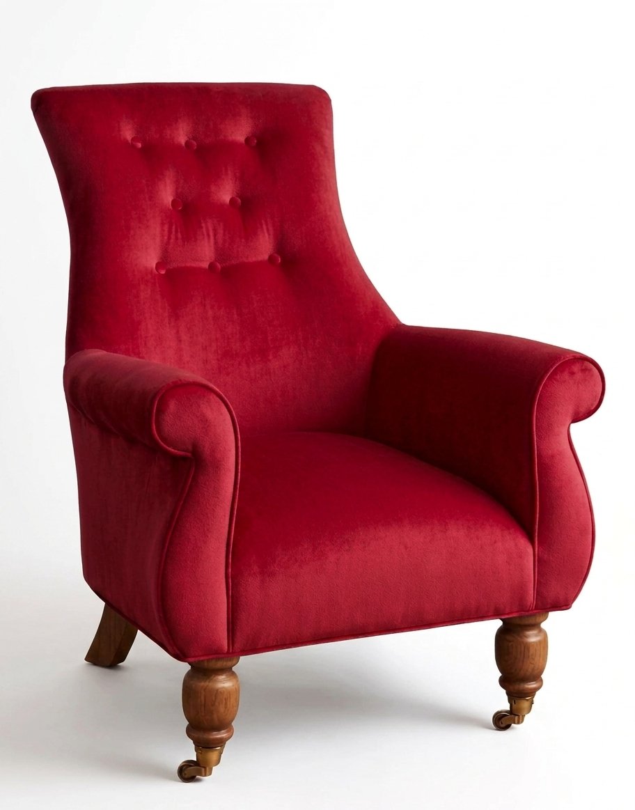 Sillón Astrid de un cuerpo en pana antimanchas Rojo, respaldo alto con capitoné y patas de madera torneada