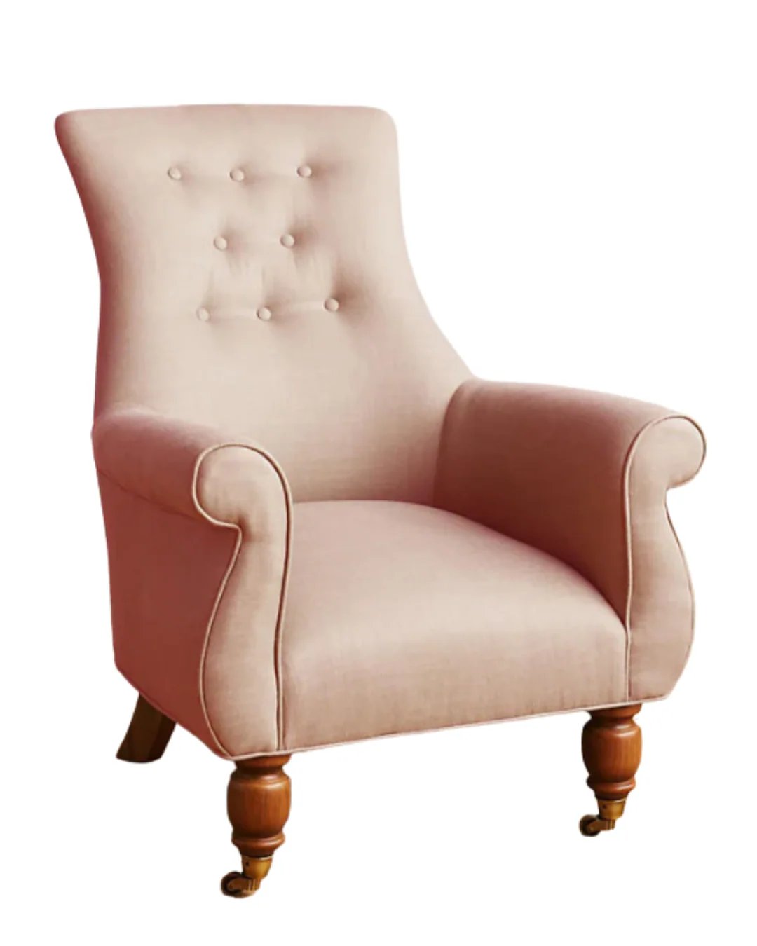 Sillón Astrid de un cuerpo en pana antimanchas Rosa, respaldo alto con capitoné y patas de madera torneada