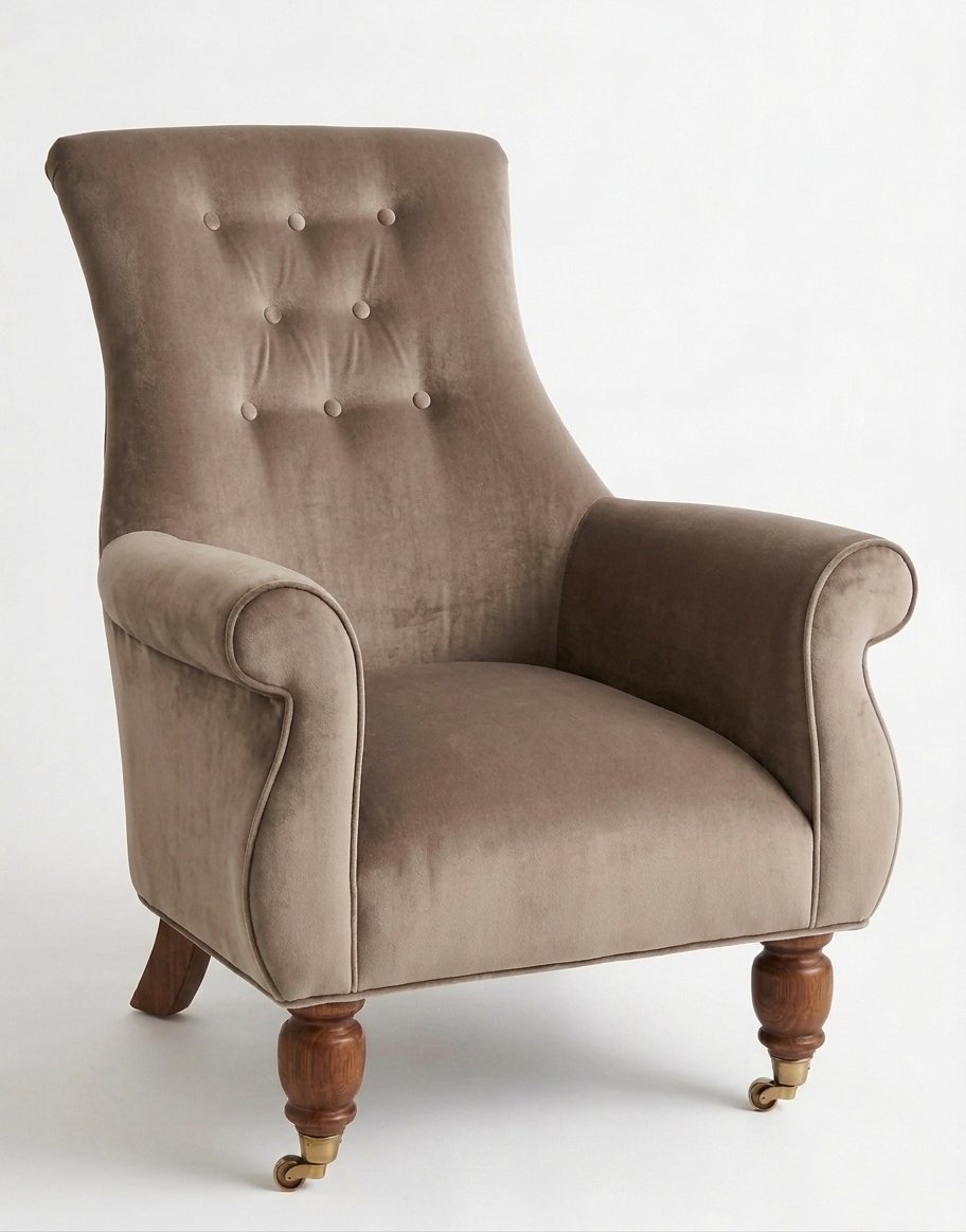Sillón Astrid de un cuerpo en pana antimanchas Stone, respaldo alto con capitoné y patas de madera torneada