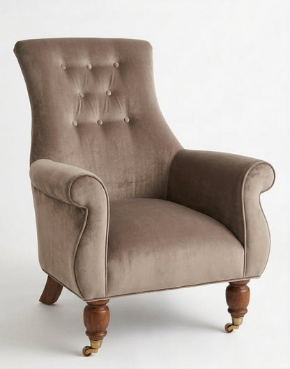 Sillón Astrid de un cuerpo en pana antimanchas Stone, respaldo alto con capitoné y patas de madera torneada