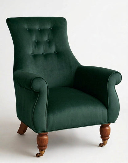 Sillón Astrid de un cuerpo en pana antimanchas Verde inglés, respaldo alto con capitoné y patas de madera torneada