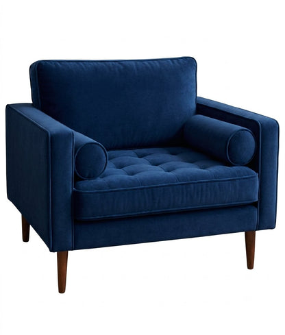 Sillón de un cuerpo Bambú color Azul en pana antimanchas importada, estructura liviana con patas inclinadas de estilo escandinavo — ideal para un living luminoso y poco recargado. Hecho a medida por Tienda de Banquitos.