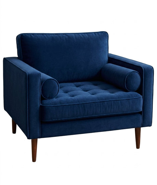 Sillón de un cuerpo Bambú tapizado en azul, respaldo capitoné con almohadones cilíndricos y patas de madera, sobre fondo blanco – Tienda de Banquitos