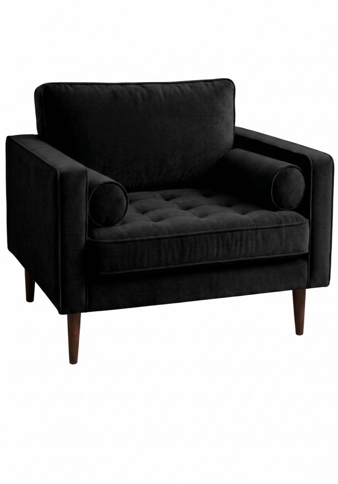 Sillón de un cuerpo Bambú color Black en pana antimanchas importada, estructura liviana con patas inclinadas de estilo escandinavo — ideal para un living luminoso y poco recargado. Hecho a medida por Tienda de Banquitos.