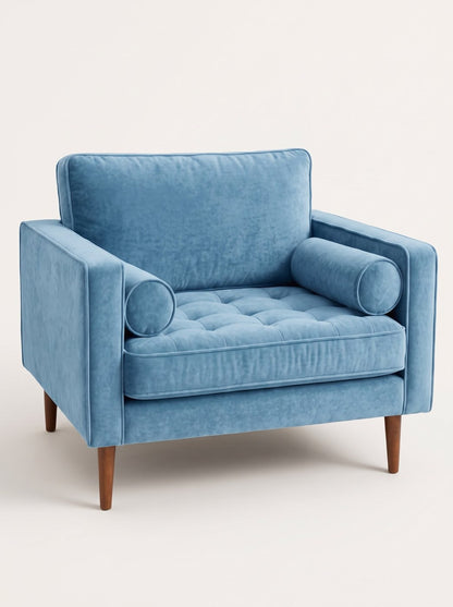 Sillón de un cuerpo Bambú color Océano en pana antimanchas, estructura liviana con patas inclinadas de estilo escandinavo
