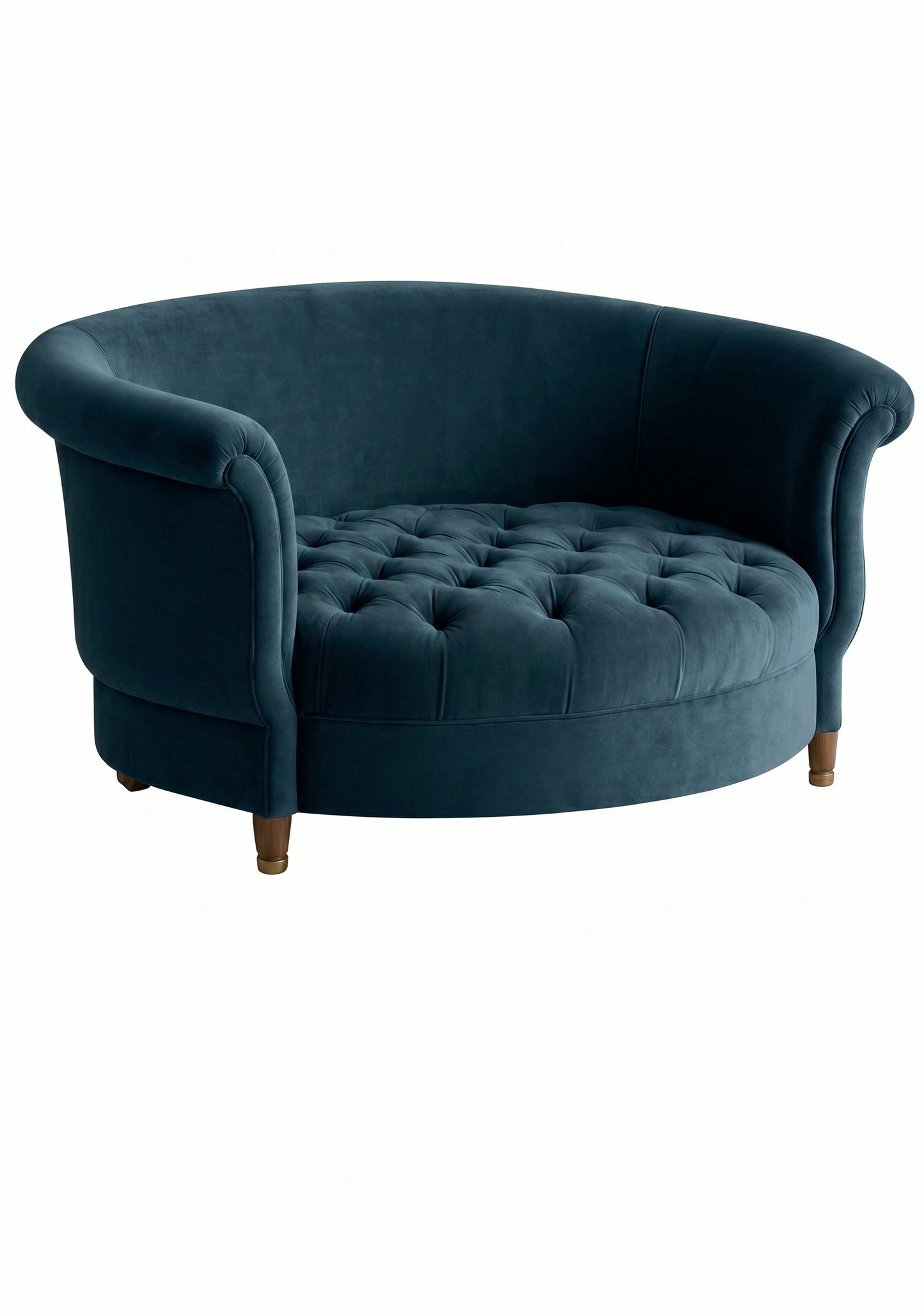 Sillón Brigitte redondo de Tienda de Banquitos tapizado en color azul, con respaldo curvo envolvente y asiento capitoné