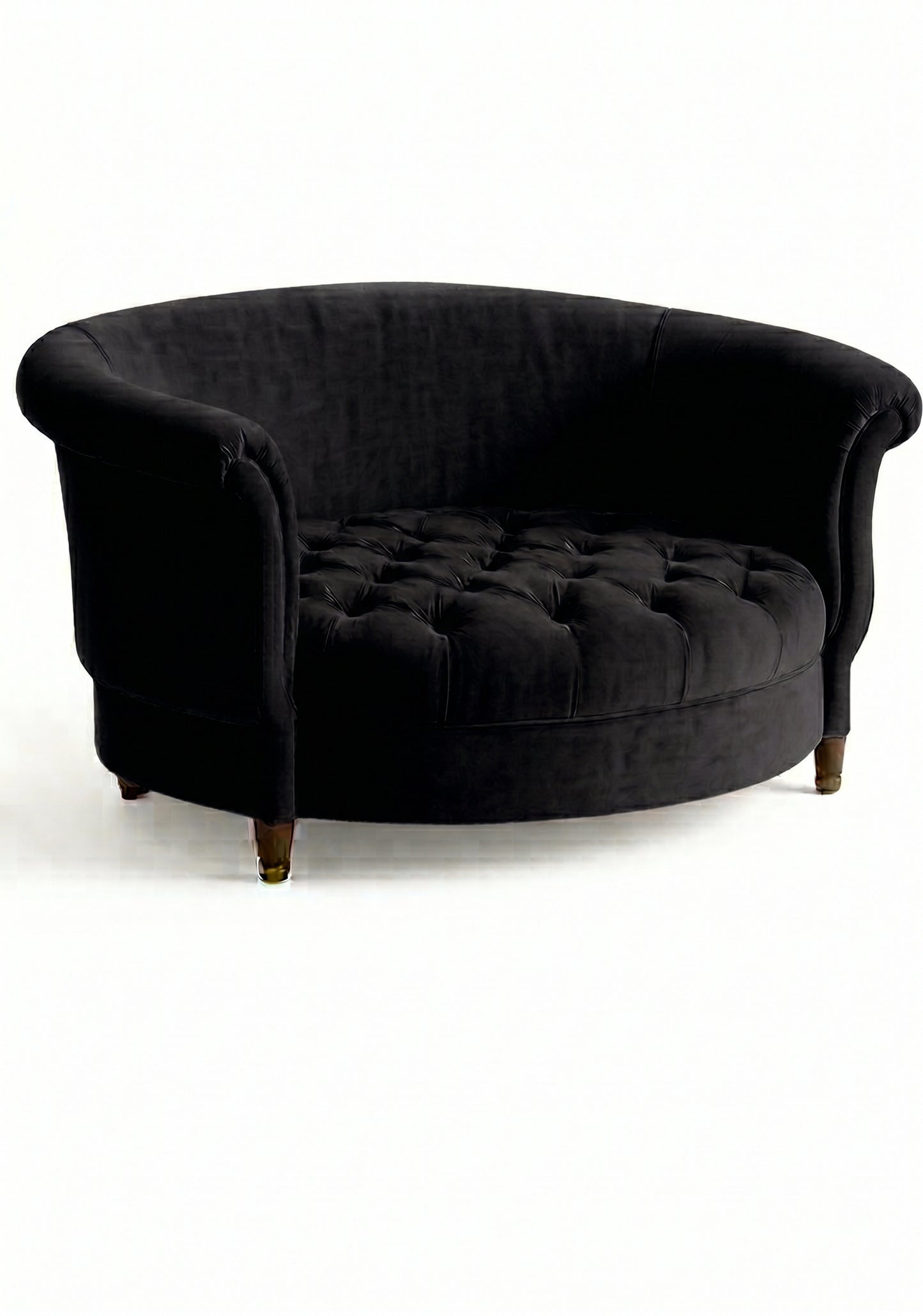 Sillón Brigitte redondo de Tienda de Banquitos tapizado en color black, con respaldo curvo envolvente y asiento capitoné