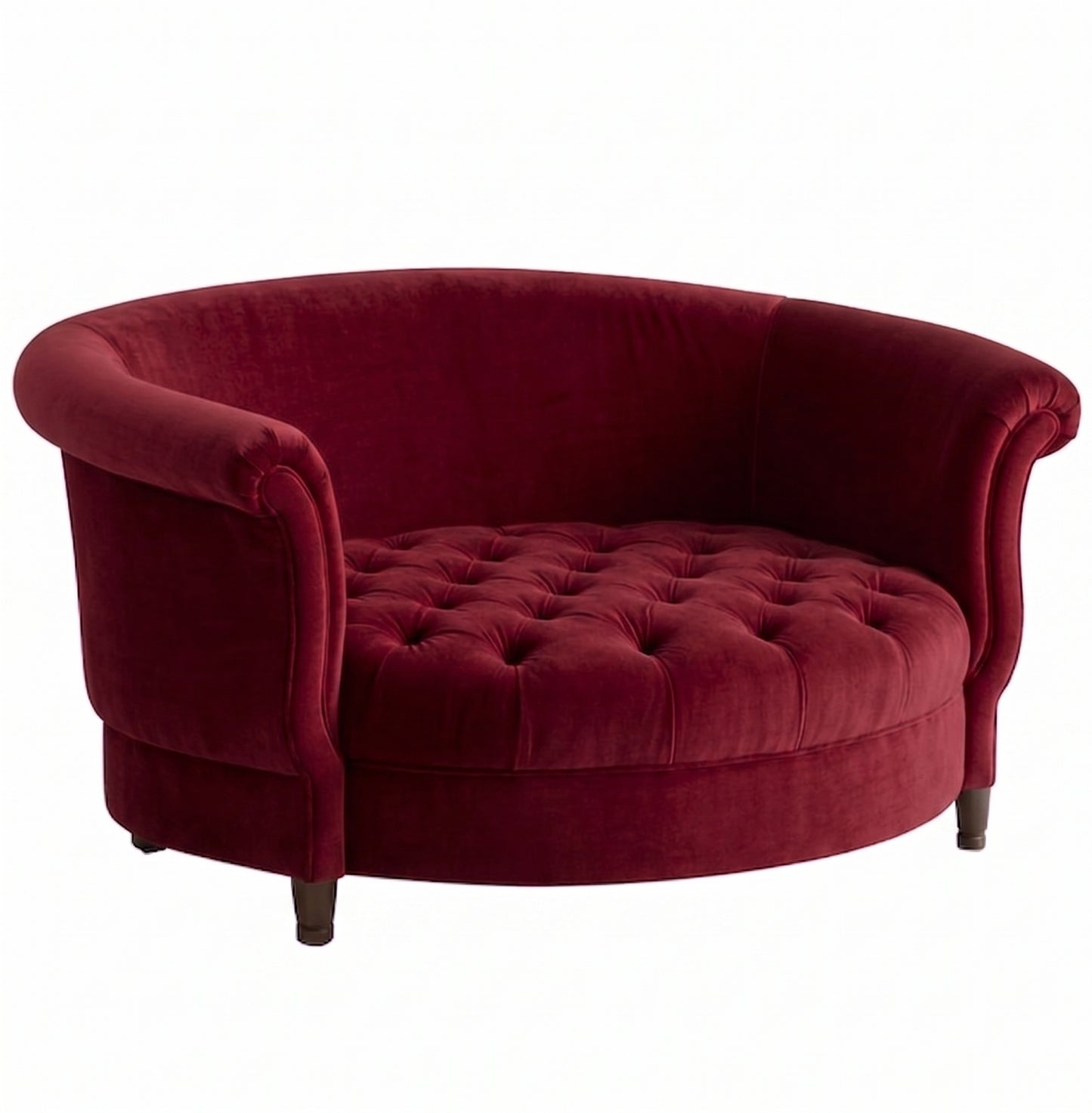 Sillón Brigitte redondo de Tienda de Banquitos tapizado en color bordo, con respaldo curvo envolvente y asiento capitoné