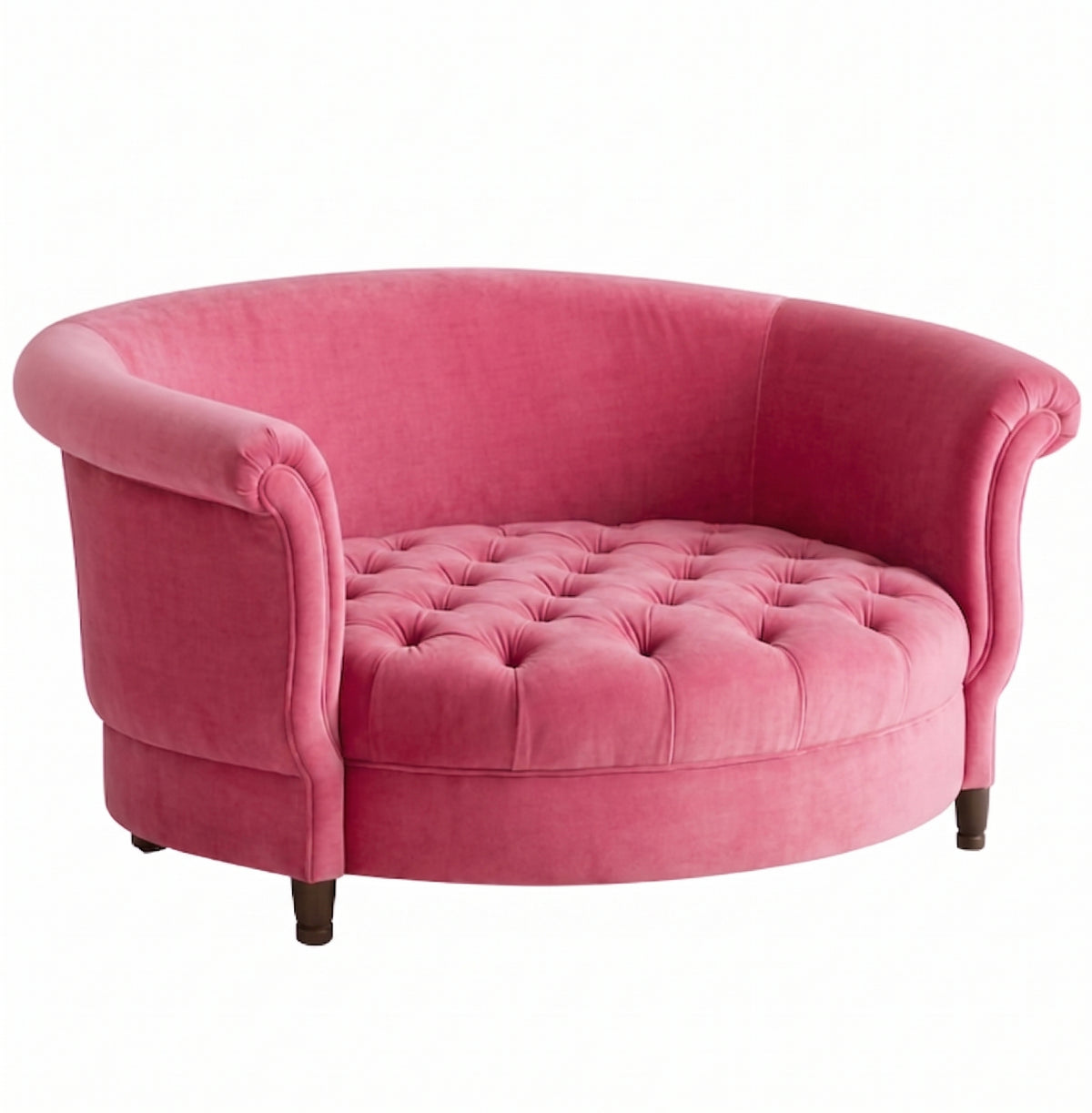 Sillón Brigitte redondo de Tienda de Banquitos tapizado en color chicle, con respaldo curvo envolvente y asiento capitoné