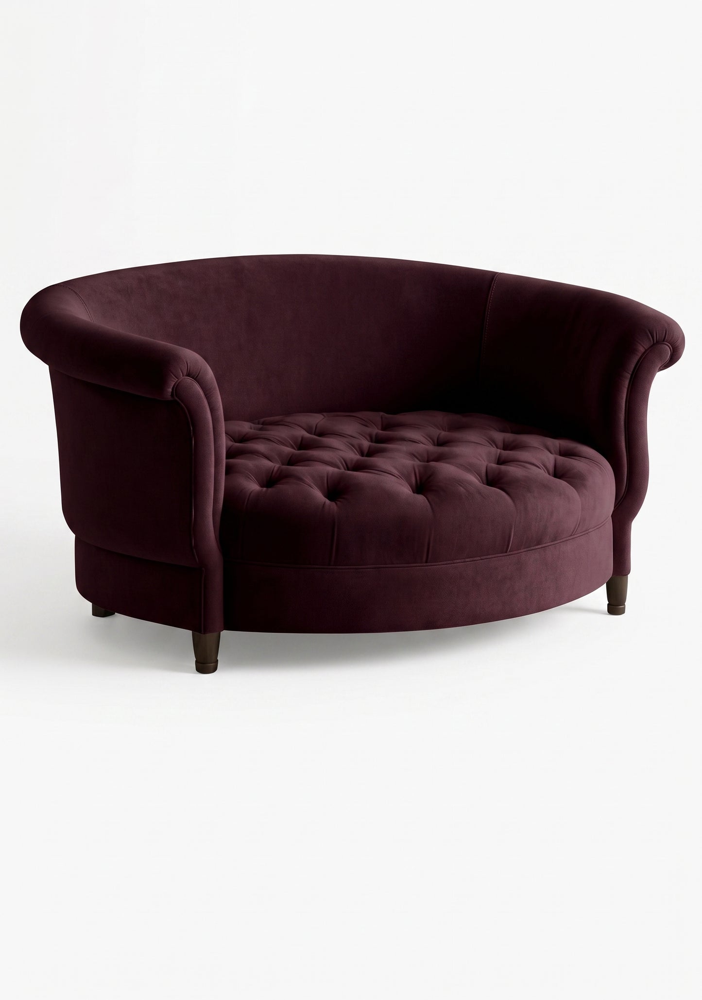 Sillón Brigitte redondo de Tienda de Banquitos tapizado en color obispo, con respaldo curvo envolvente y asiento capitoné