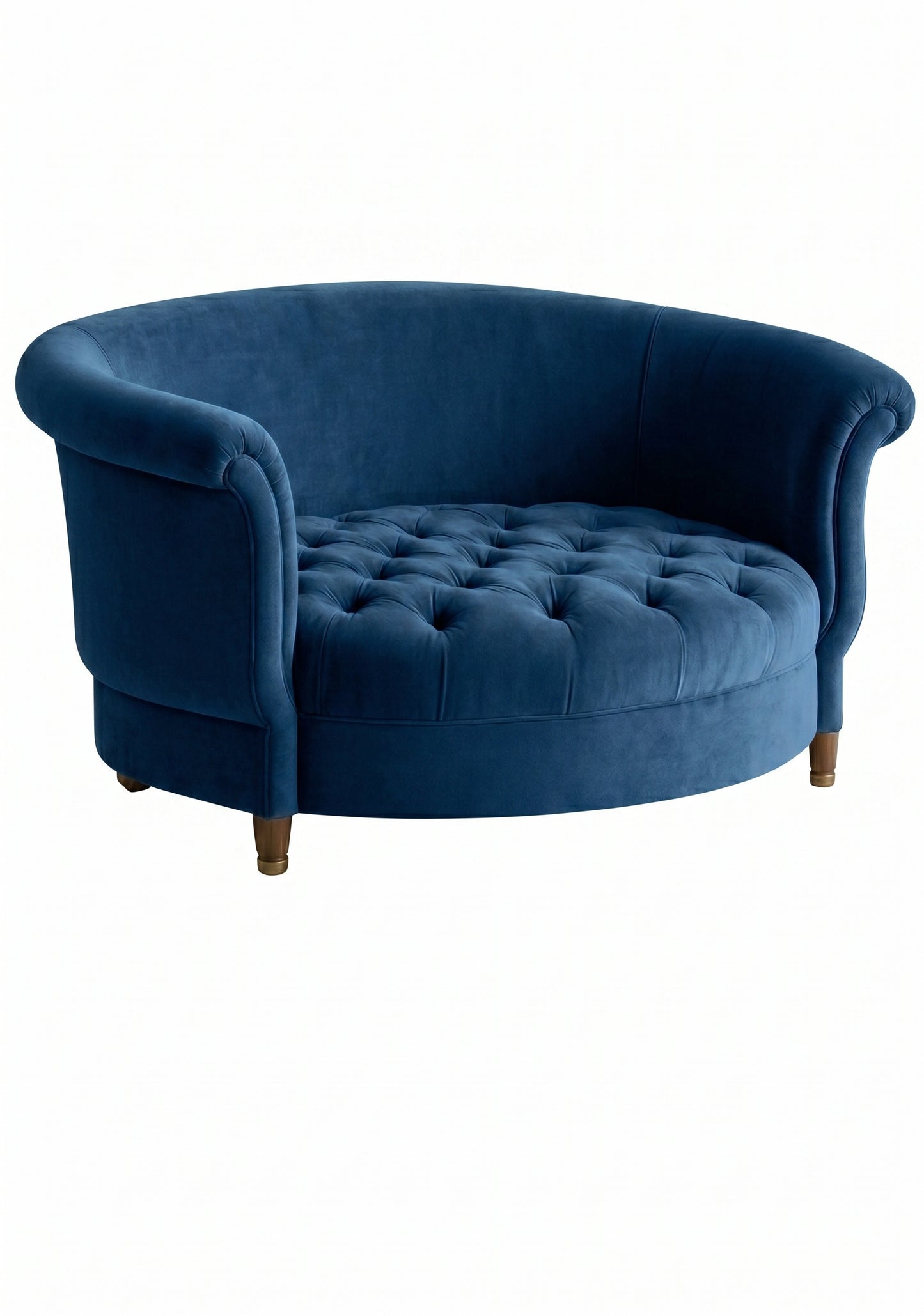 Sillón Brigitte redondo de Tienda de Banquitos tapizado en color océano, con respaldo curvo envolvente y asiento capitoné