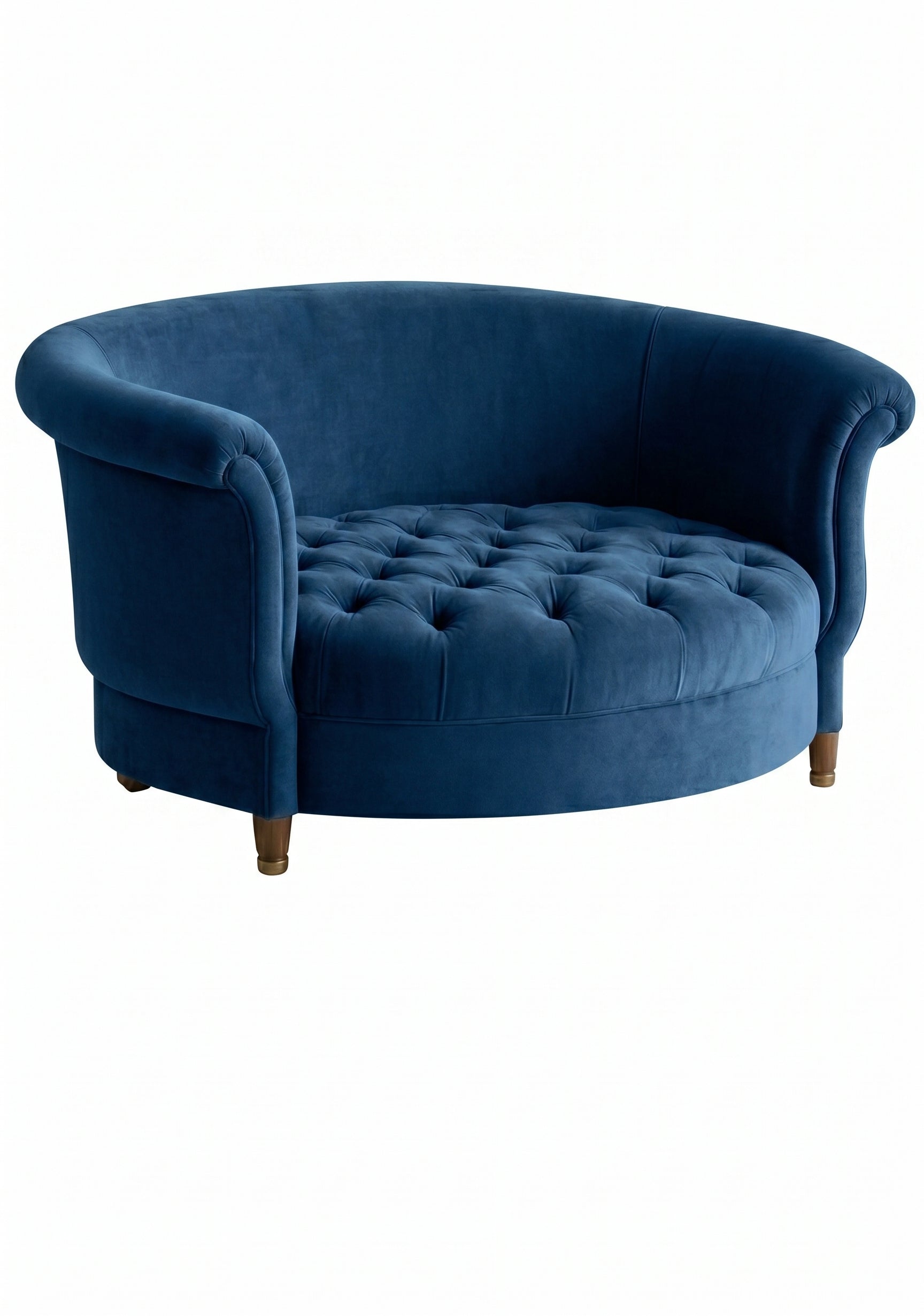 Sillón Brigitte redondo de Tienda de Banquitos tapizado en color océano, con respaldo curvo envolvente y asiento capitoné