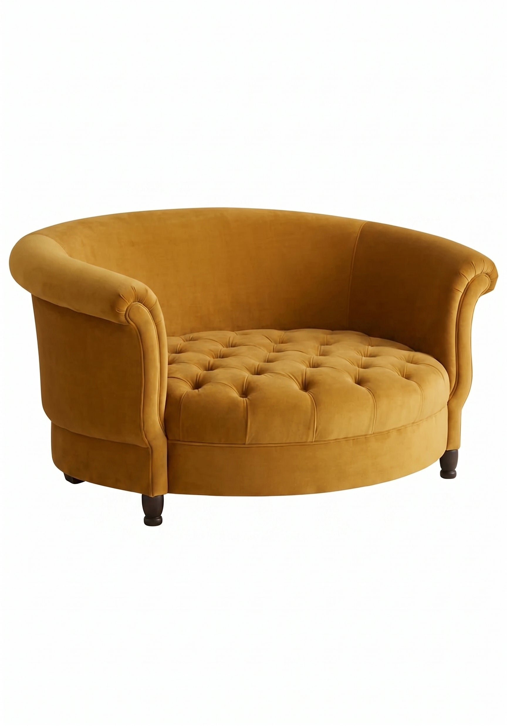 Sillón Brigitte redondo de Tienda de Banquitos tapizado en color oro, con respaldo curvo envolvente y asiento capitoné