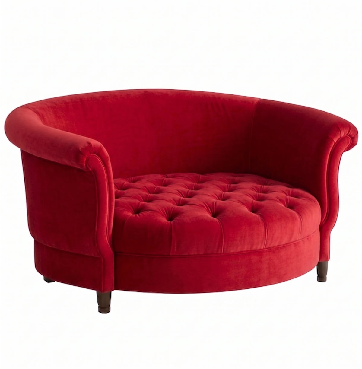Sillón Brigitte redondo de Tienda de Banquitos tapizado en color rojo, con respaldo curvo envolvente y asiento capitoné