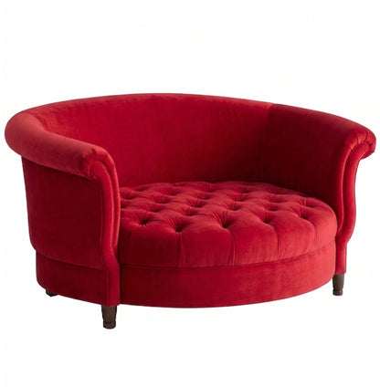 Sillón Brigitte redondo de Tienda de Banquitos tapizado en color rojo, con respaldo curvo envolvente y asiento capitoné