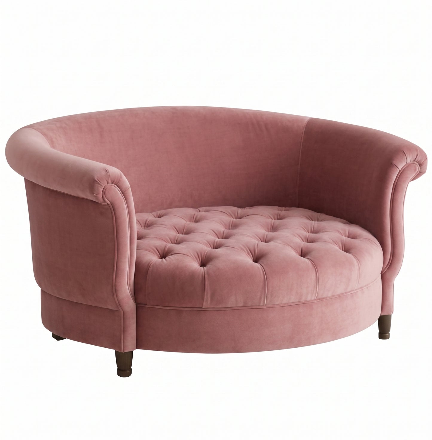 Sillón Brigitte redondo de Tienda de Banquitos tapizado en color rosa, con respaldo curvo envolvente y asiento capitoné
