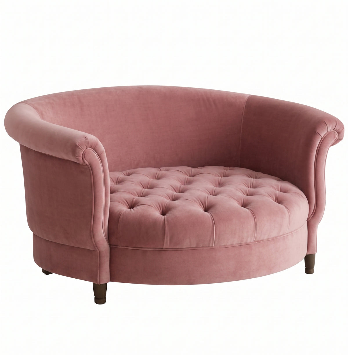 Sillón Brigitte redondo de Tienda de Banquitos tapizado en color rosa, con respaldo curvo envolvente y asiento capitoné