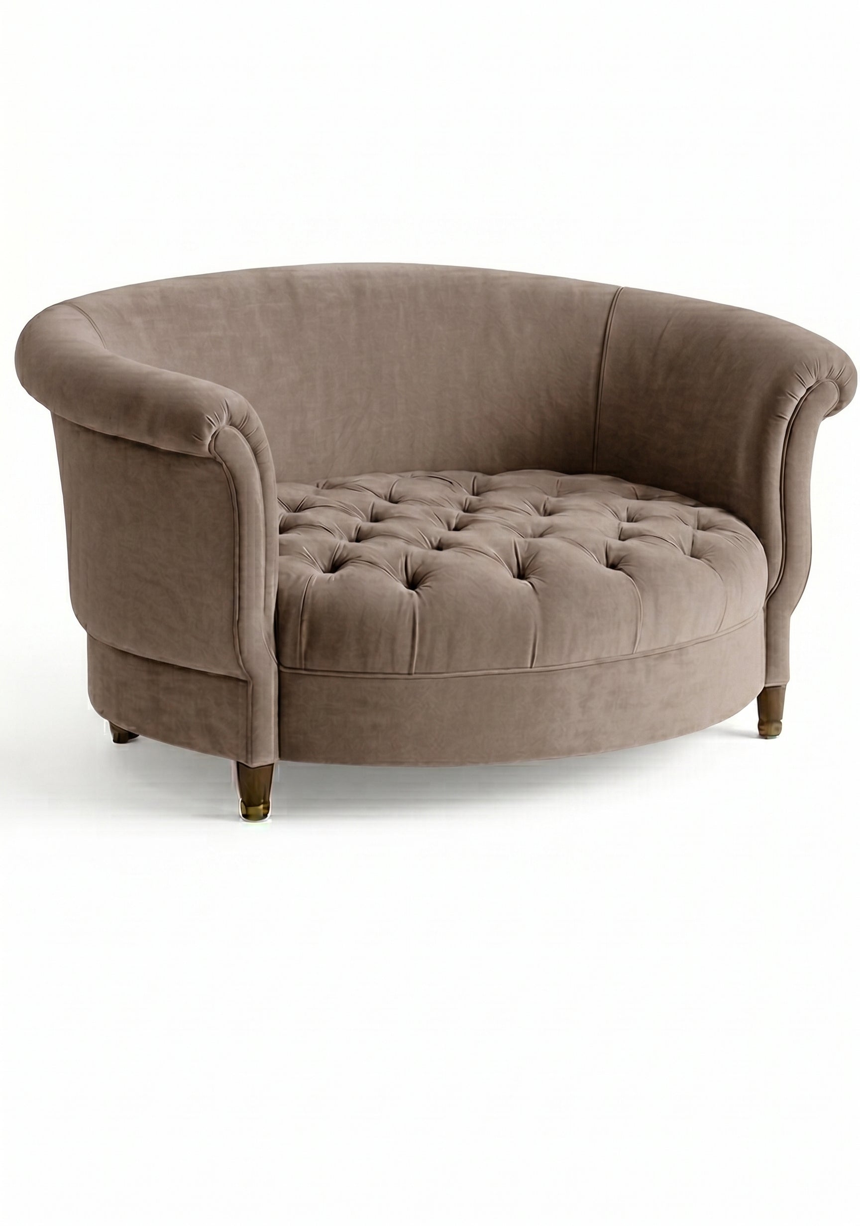 Sillón Brigitte redondo de Tienda de Banquitos tapizado en color stone, con respaldo curvo envolvente y asiento capitoné