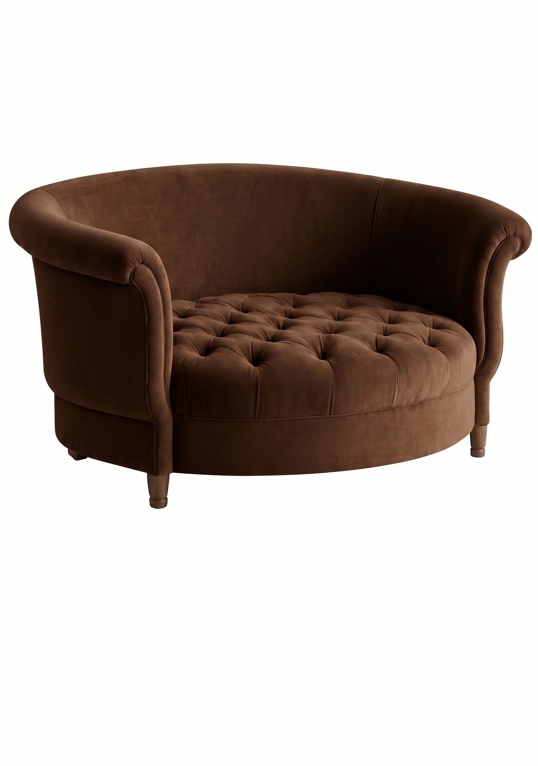 Sillón Brigitte redondo de Tienda de Banquitos tapizado en color suela, con respaldo curvo envolvente y asiento capitoné