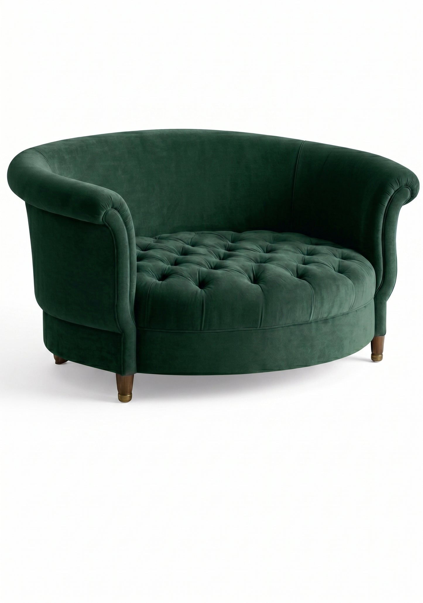 Sillón Brigitte redondo de Tienda de Banquitos tapizado en color verde inglés, con respaldo curvo envolvente y asiento capitoné