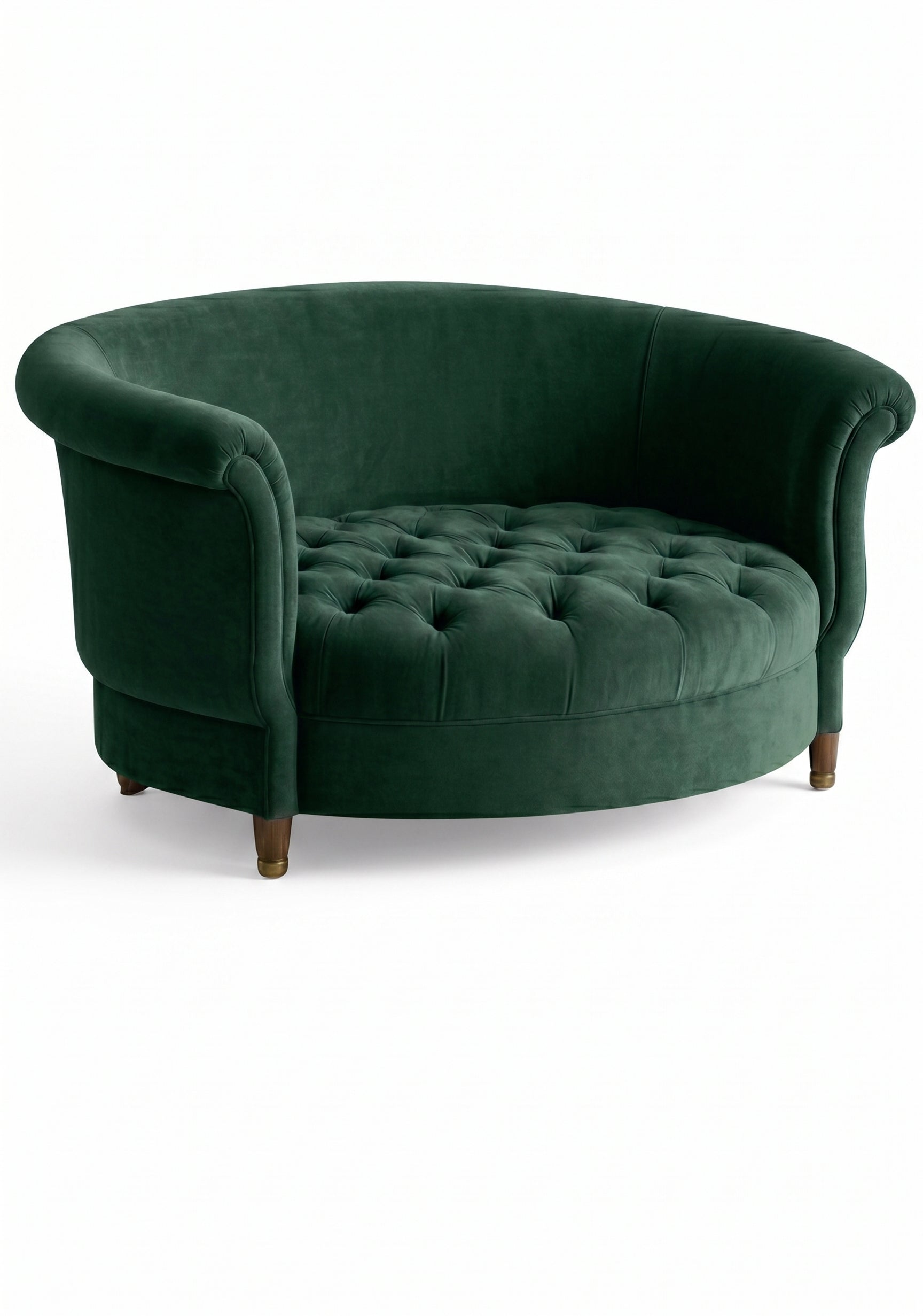 Sillón Brigitte redondo de Tienda de Banquitos tapizado en color verde inglés, con respaldo curvo envolvente y asiento capitoné